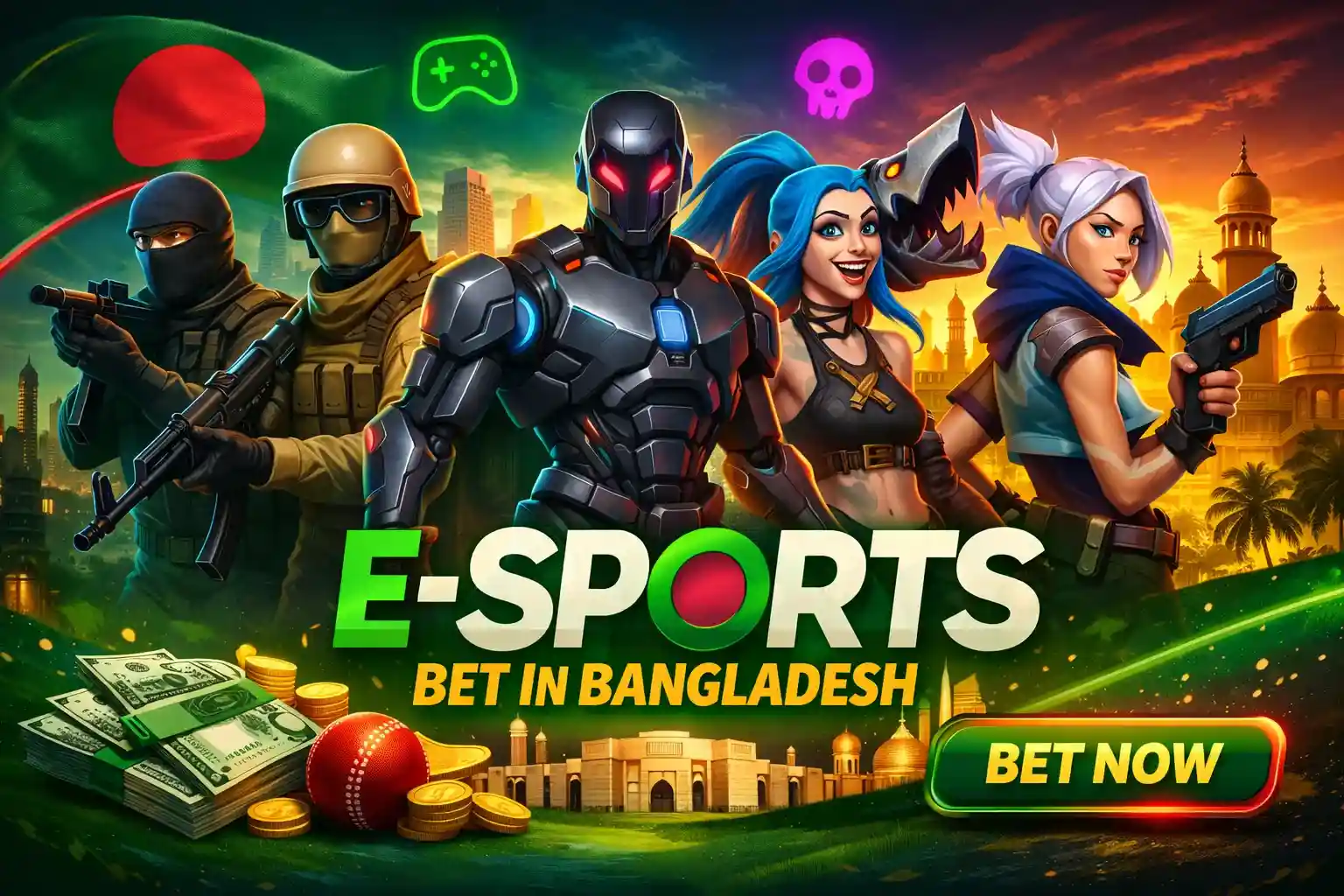 Esports betting banner with gaming characters and Bangladesh theme