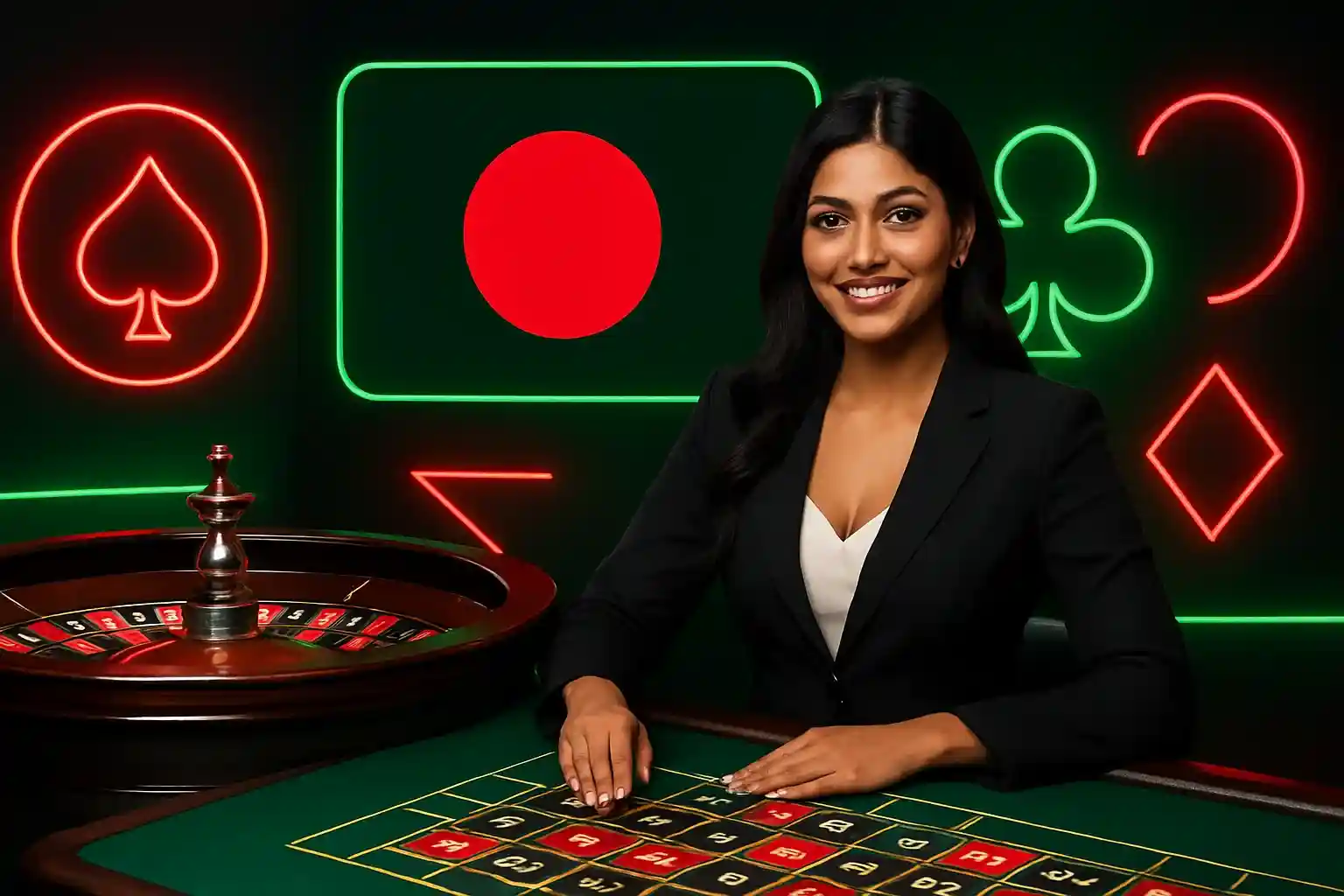 Live roulette dealer table with Bangladesh flag background